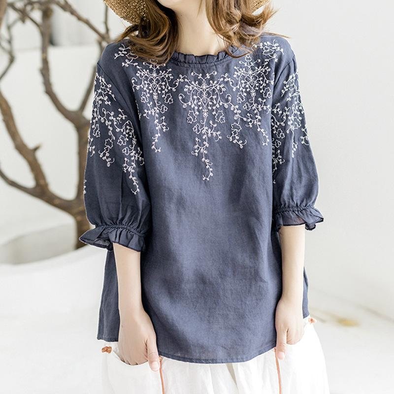 Summer Floral Brodery Cotton Lin T-shirt