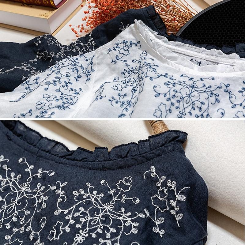 Summer Floral Brodery Cotton Lin T-shirt