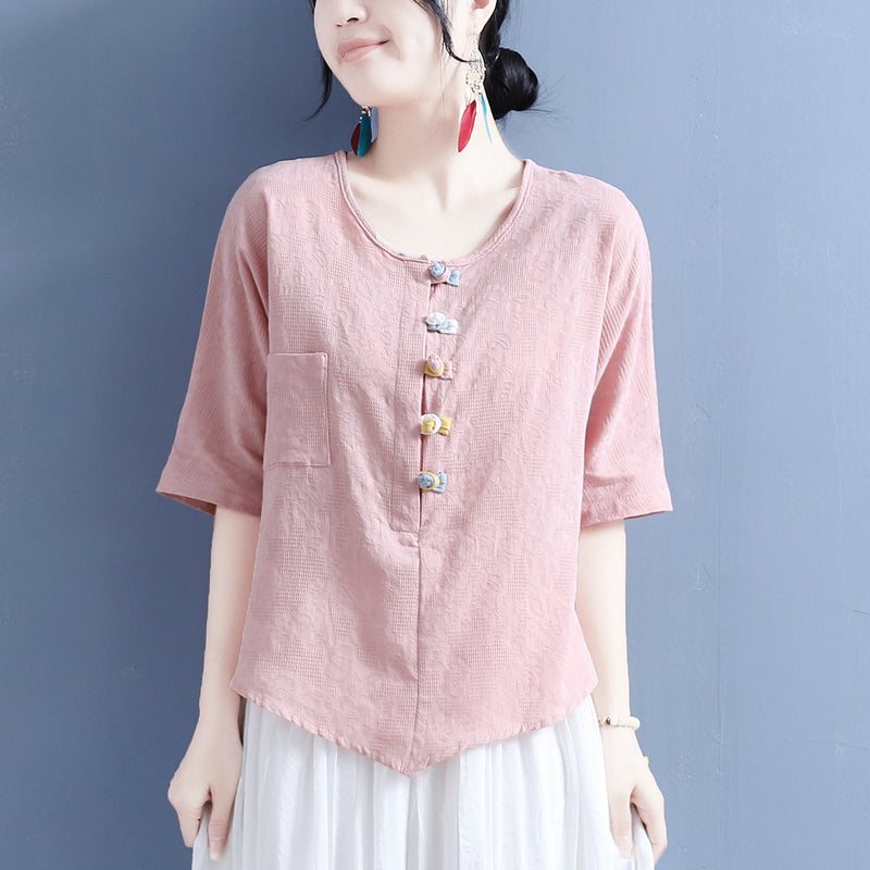 Summer Retro Buttons Cotton Lin T-shirt