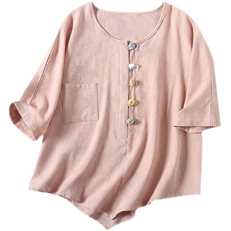 Summer Retro Buttons Cotton Lin T-shirt