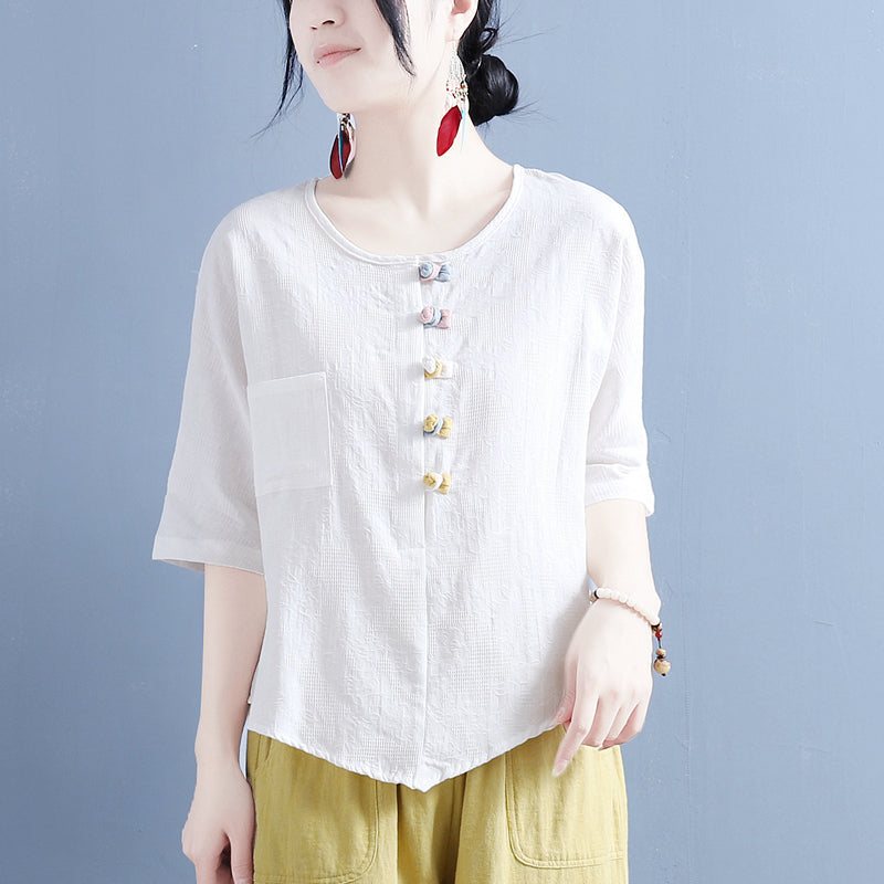 Summer Retro Buttons Cotton Lin T-shirt