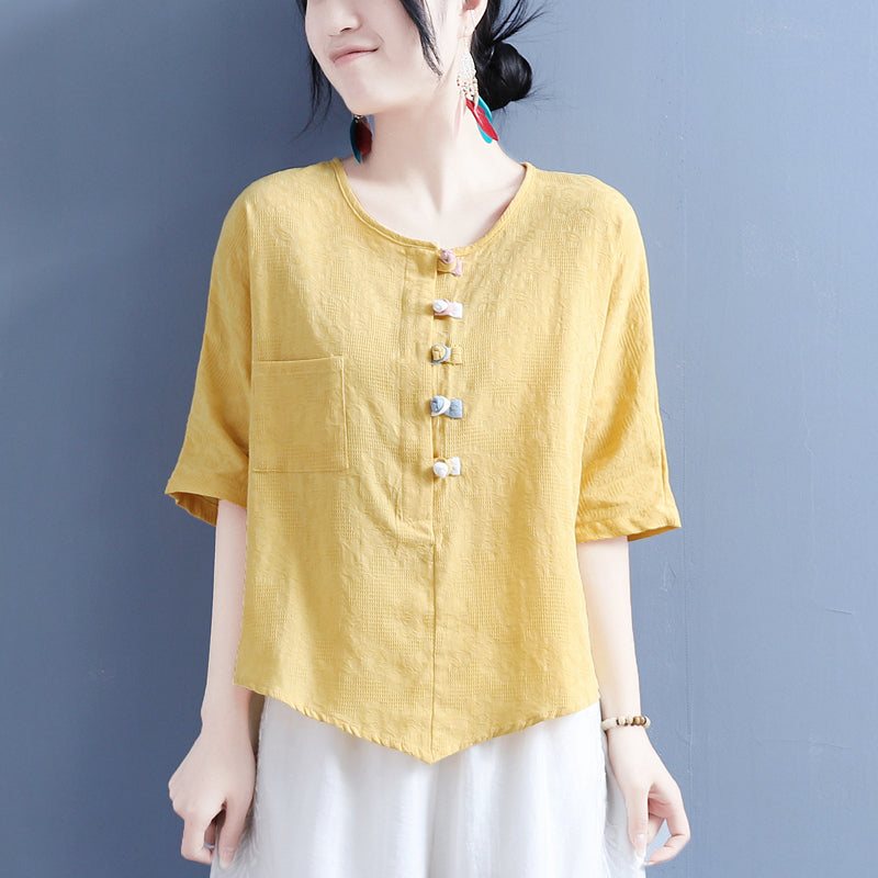 Summer Retro Buttons Cotton Lin T-shirt