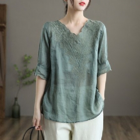 Summer Vintage Dame Linen Floral Brodery T-shirt