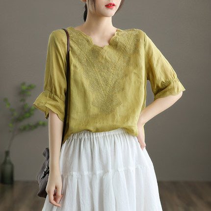 Summer Vintage Dame Linen Floral Brodery T-shirt