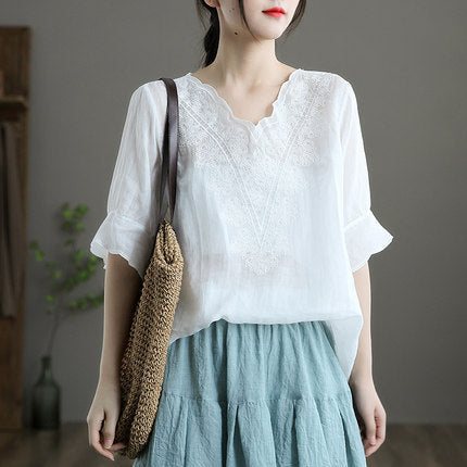 Summer Vintage Dame Linen Floral Brodery T-shirt