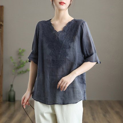 Summer Vintage Dame Linen Floral Brodery T-shirt