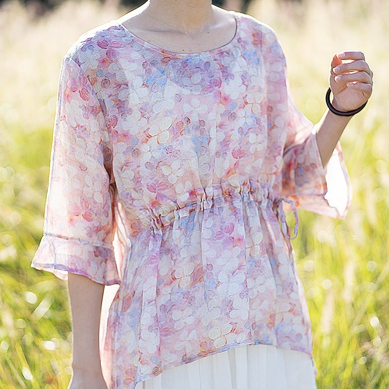 Vår Sommer Floral Retro Split Ruffle Lin T-skjorte