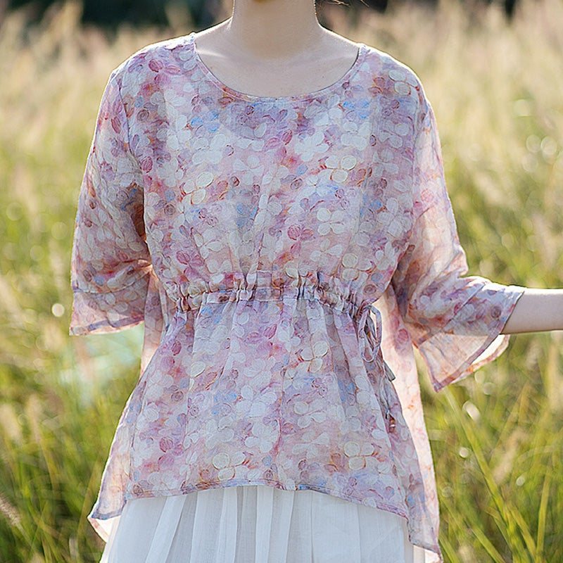 Vår Sommer Floral Retro Split Ruffle Lin T-skjorte