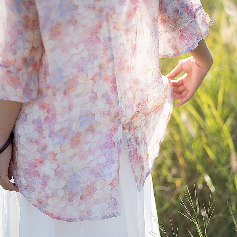 Vår Sommer Floral Retro Split Ruffle Lin T-skjorte