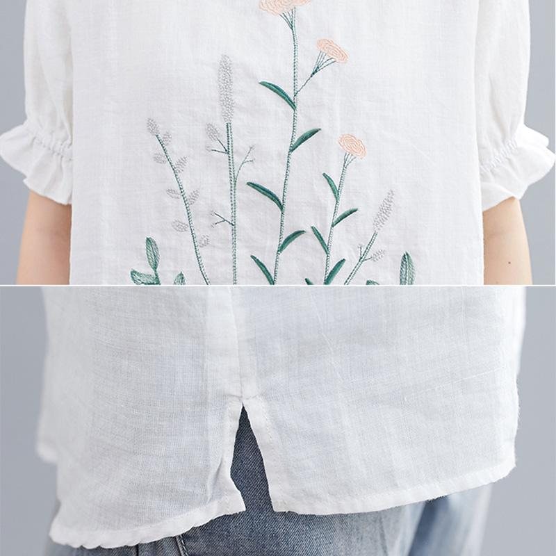 Vår Sommer Løs Casual Floral Broderi Lin T-skjorte