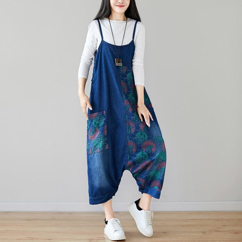 Autumn Denim Bib Løsthengende Retro Printed Skjørt Jumpsuit