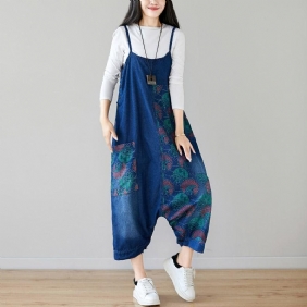 Autumn Denim Bib Løsthengende Retro Printed Skjørt Jumpsuit