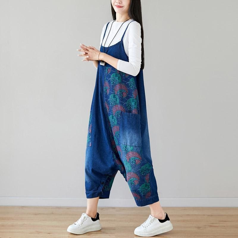 Autumn Denim Bib Løsthengende Retro Printed Skjørt Jumpsuit