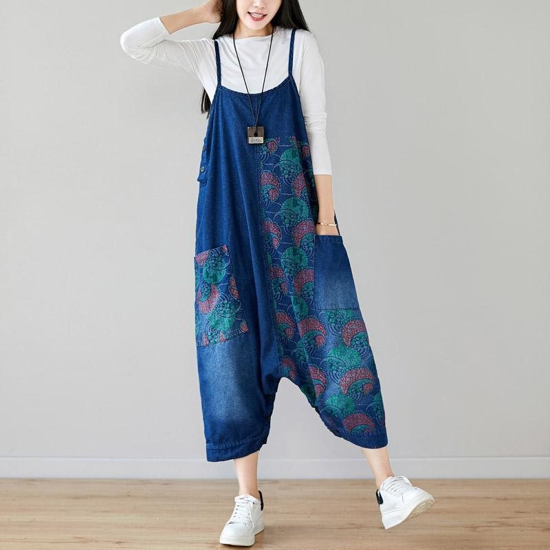 Autumn Denim Bib Løsthengende Retro Printed Skjørt Jumpsuit