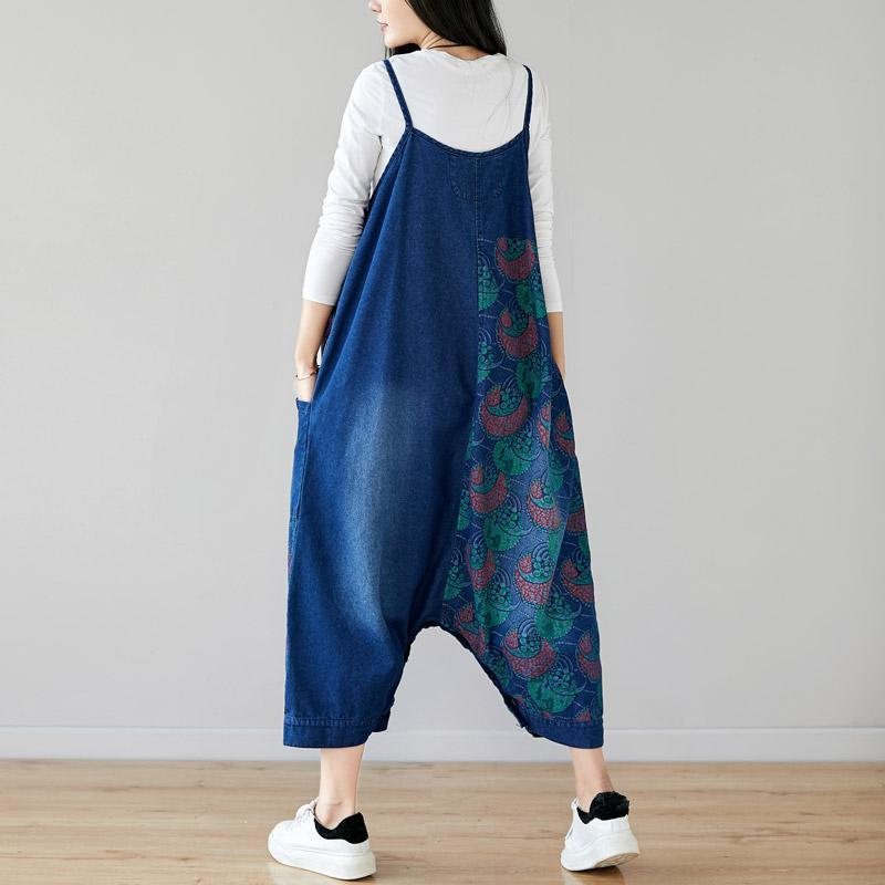 Autumn Denim Bib Løsthengende Retro Printed Skjørt Jumpsuit