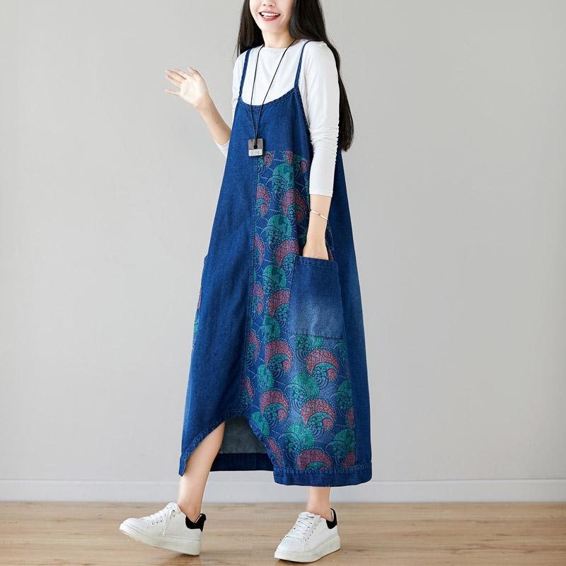 Autumn Denim Bib Løsthengende Retro Printed Skjørt Jumpsuit