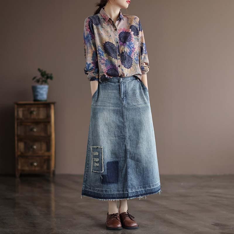 Autumn Retro Hollow A-line Denimskjørt