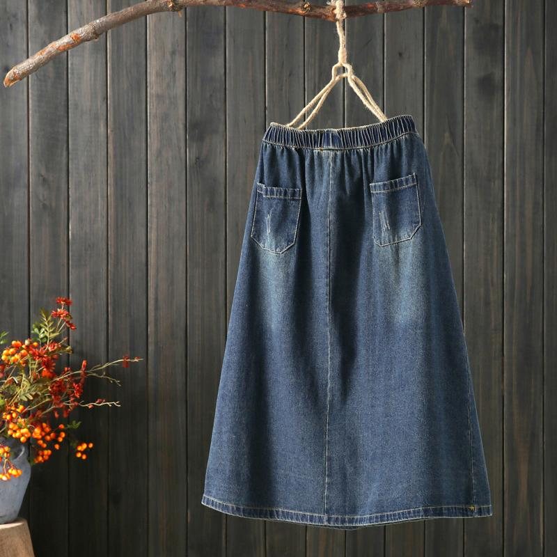 Brodert Mellomlangt Retro Denimskjørt