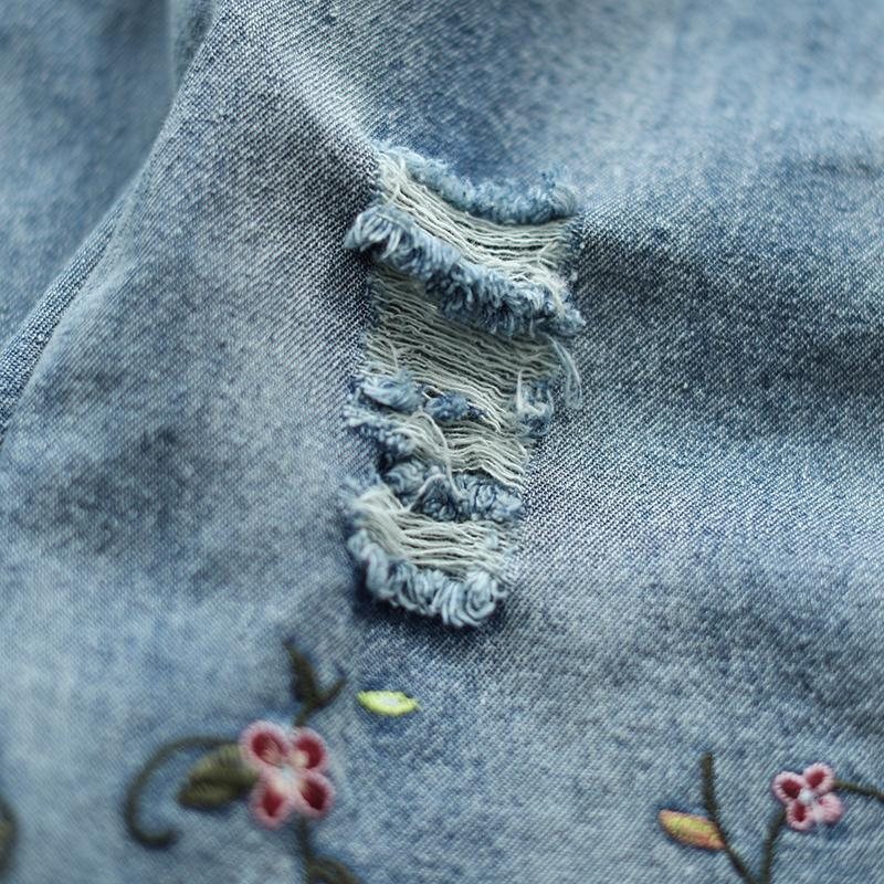 Høst Tynn Løs Blomsterbroderi Retro Denimskjørt