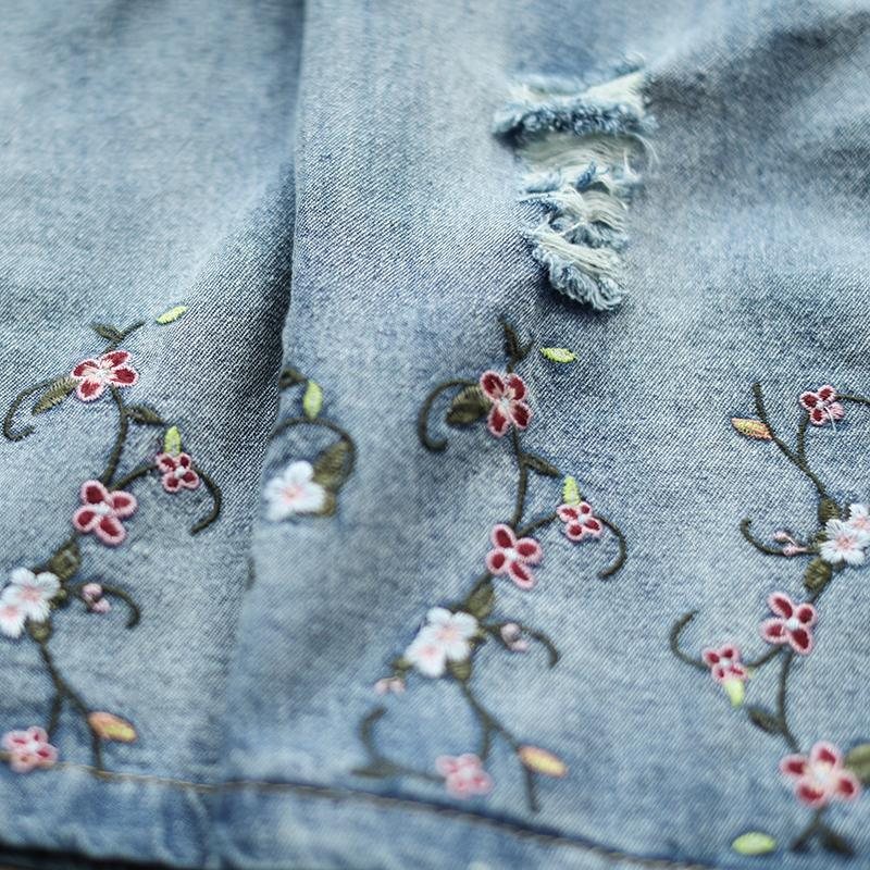 Høst Tynn Løs Blomsterbroderi Retro Denimskjørt