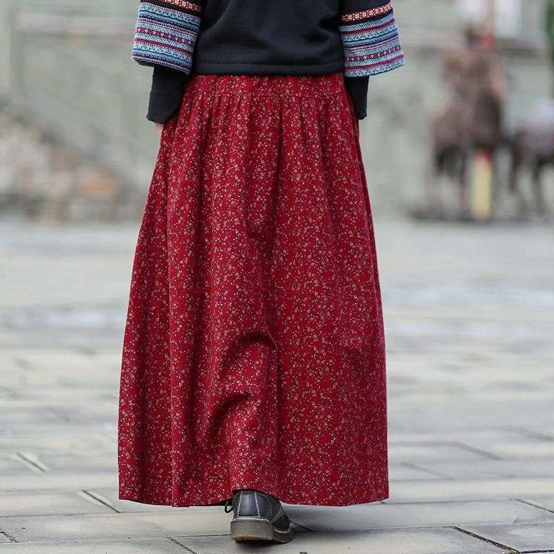 Høst Vinter Retro Bomull Lin Floral A-linje Skjørt