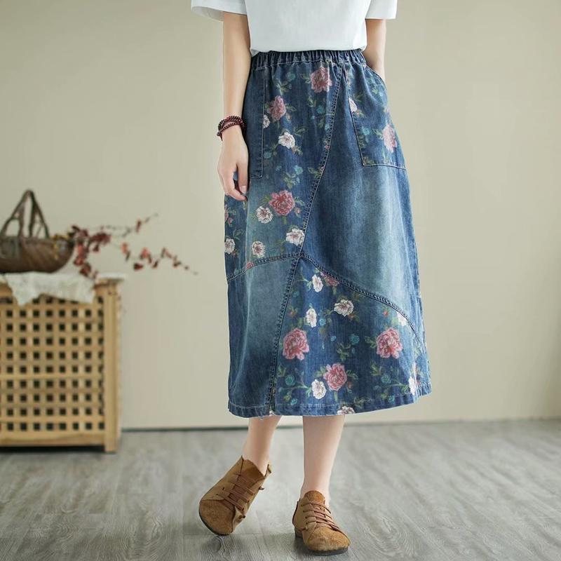 Retro Floral Løs Casual Patchwork Denimskjørt