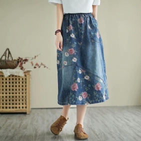 Retro Floral Løs Casual Patchwork Denimskjørt