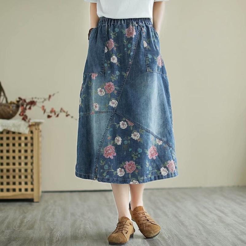 Retro Floral Løs Casual Patchwork Denimskjørt