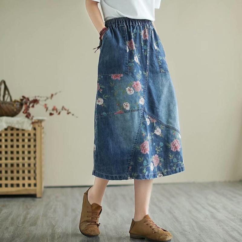 Retro Floral Løs Casual Patchwork Denimskjørt