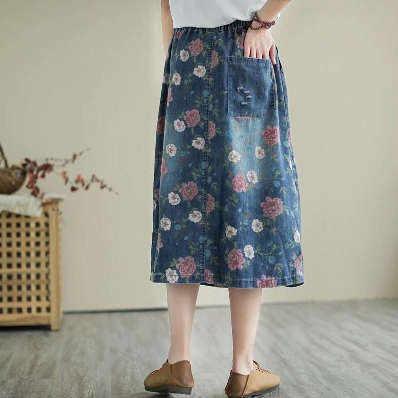 Retro Floral Løs Casual Patchwork Denimskjørt