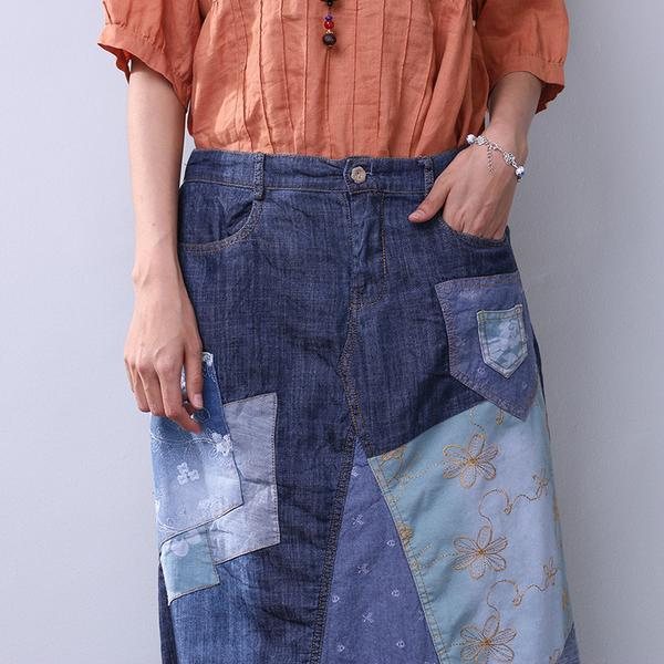 Sommer Dame Denim Applique Blå Skjørt