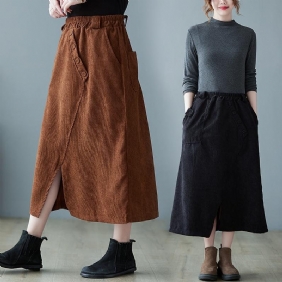 Spring Retro Elastisk Midje Corduroy Slit A-line Skjørt