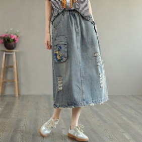 Summer Retro Brodery Ripped Cotton Denim-skjørt