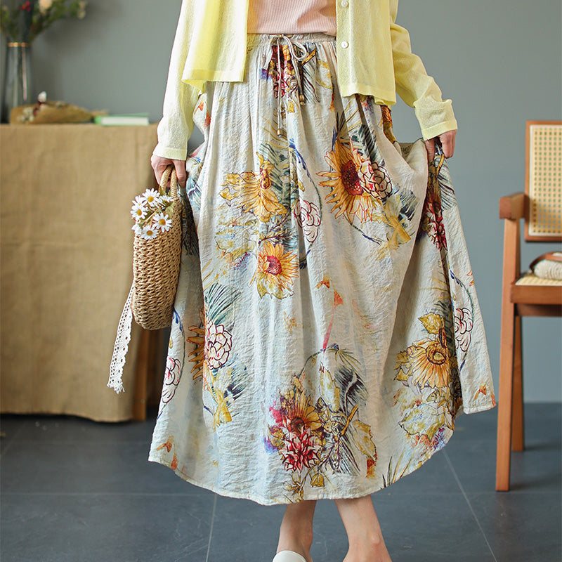 Summer Vintage Floral Loose Lyocell-skjørt