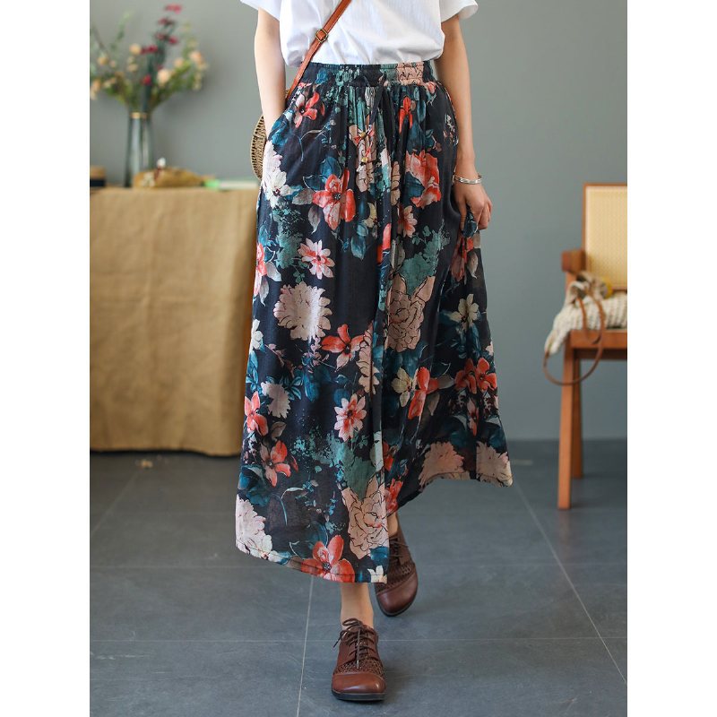 Summer Vintage Floral Loose Lyocell-skjørt