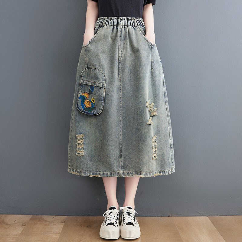 Vintage Ripped Loose A-line Sommer Denimskjørt