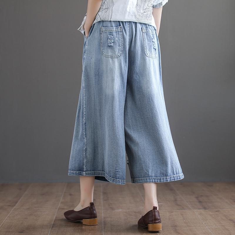 Autumn Vintage Brodered Washed Holes Cropped Denim Pants