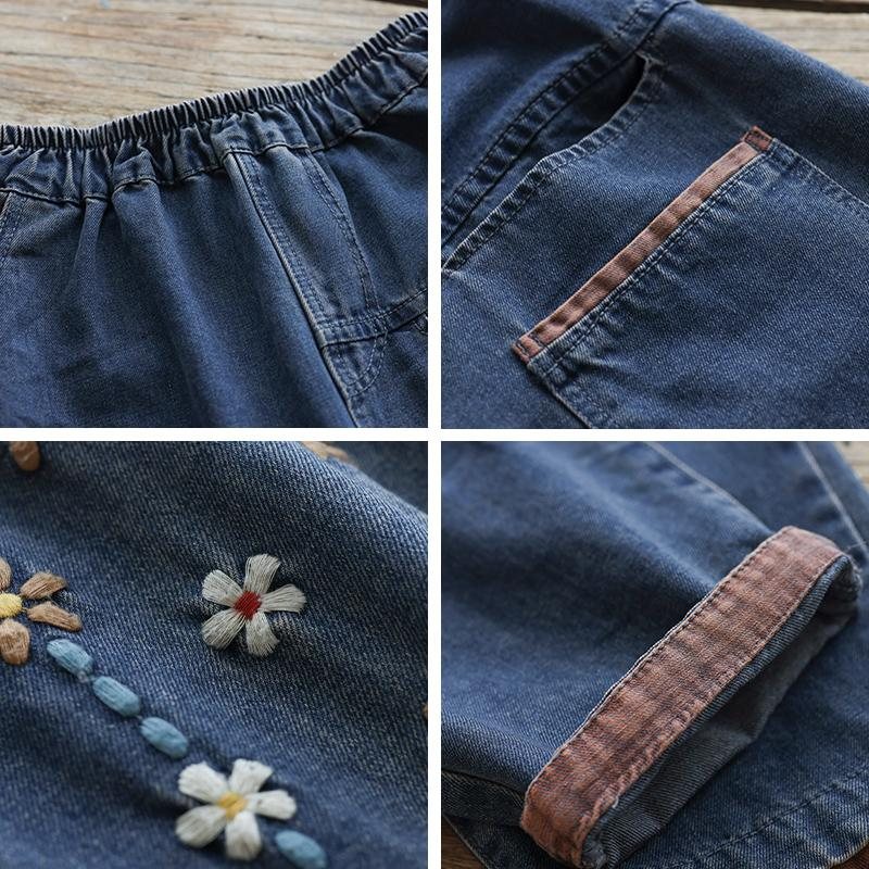 Blomsterbroderi Løs Retro Casual Denimbukser I Bomull