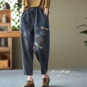 Dame Løs Våren Retro Dragonfly Broderi Bomull Jeans