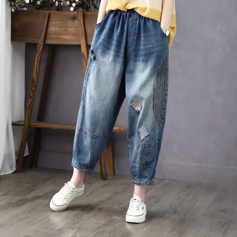 Dame Sommer Vintage Broderi Tynne Bomullsjeans