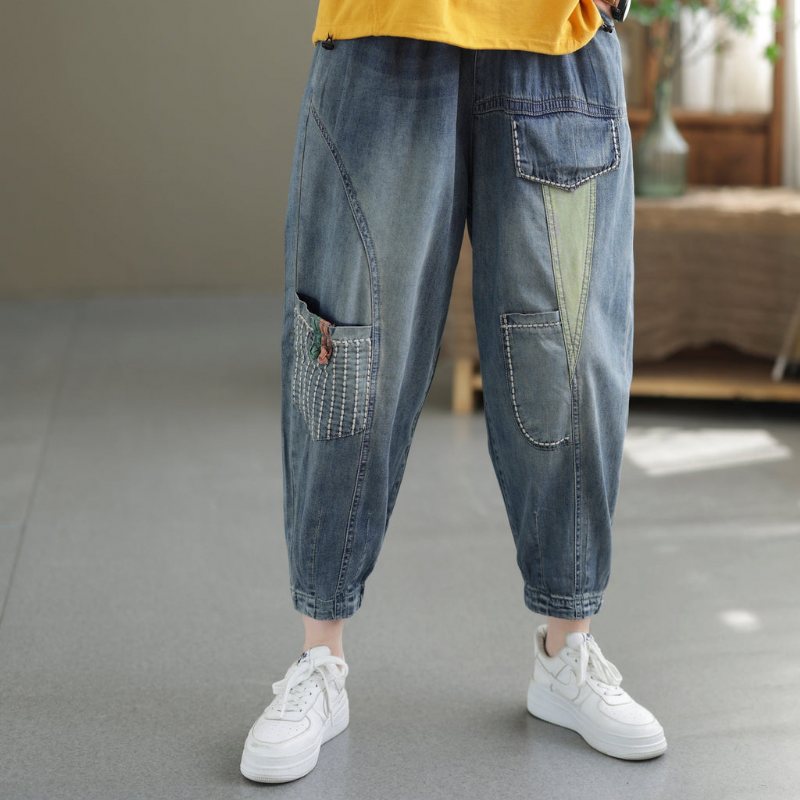 Dame Vår Sommer Retro Patchwork Bomull Jean