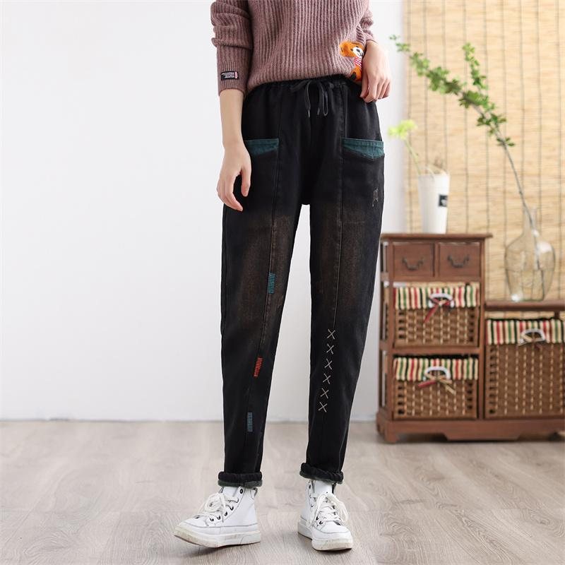 Dame Vinter Thicken Retro Brodert Patchwork Elastiske Jeans