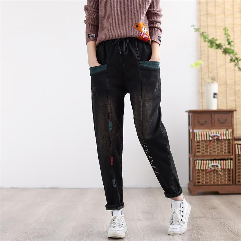 Dame Vinter Thicken Retro Brodert Patchwork Elastiske Jeans