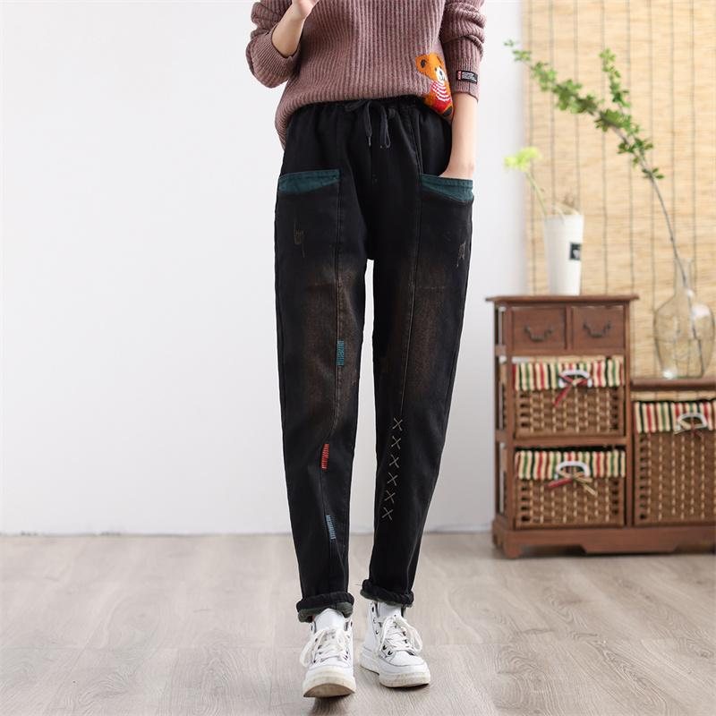 Dame Vinter Thicken Retro Brodert Patchwork Elastiske Jeans