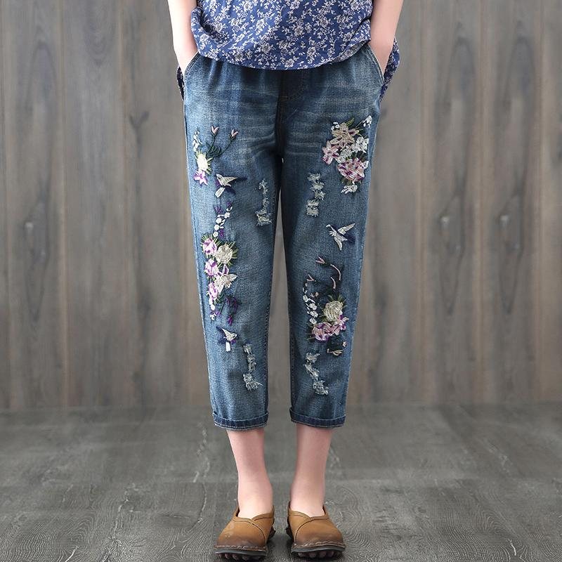 Etnisk Elastisk Midje Broderte Blomsterjeans