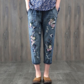 Etnisk Elastisk Midje Broderte Blomsterjeans