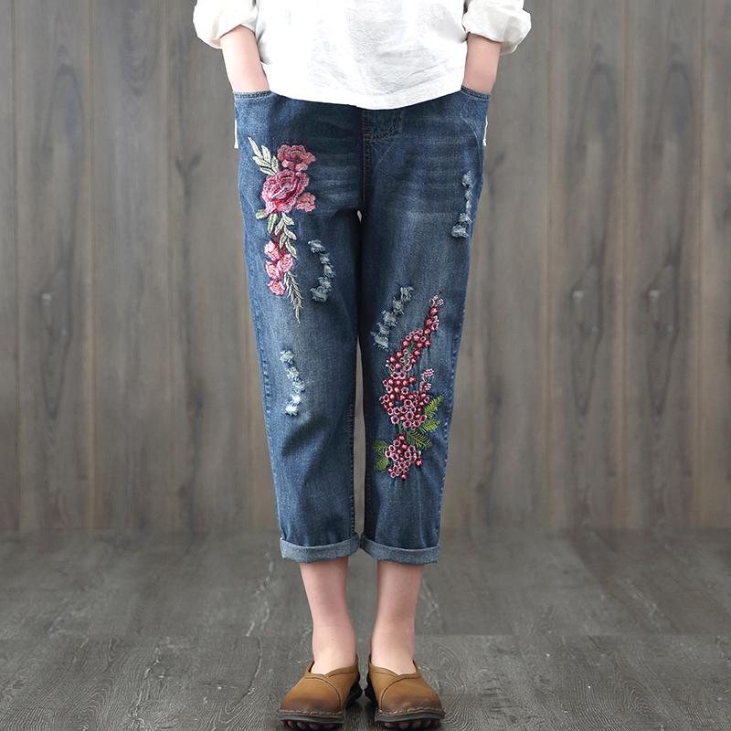 Etnisk Elastisk Midje Broderte Blomsterjeans