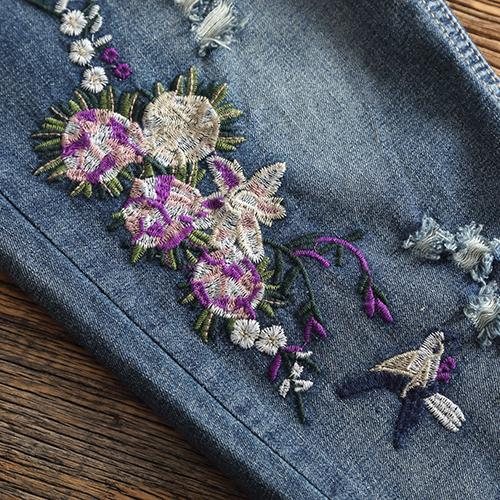 Etnisk Elastisk Midje Broderte Blomsterjeans