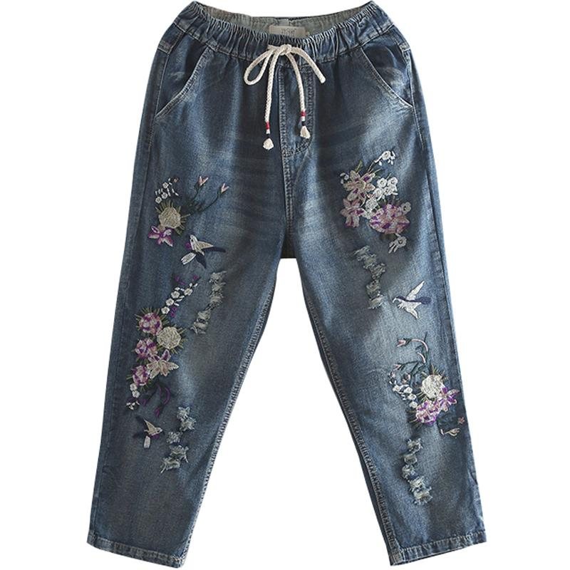 Etnisk Elastisk Midje Broderte Blomsterjeans