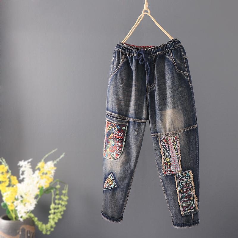 Patch Retro Løs Casual Straight Denimbukser